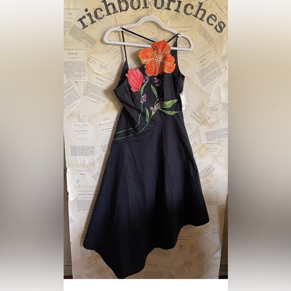 Anthropologie Yukiko Noritake Asymmetrical Floral Midi Dress Black Combo Orange - Picture 7 of 9